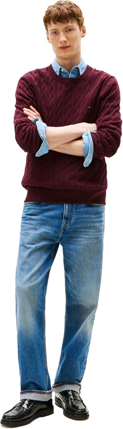 imageTommy Hilfiger Mens Cable Knit Crewneck Sweater Lightweight PulloverDeep Burgundy