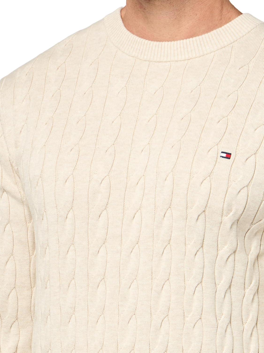imageTommy Hilfiger Mens Cable Knit Crewneck Sweater Lightweight PulloverHeathered Oatmilk