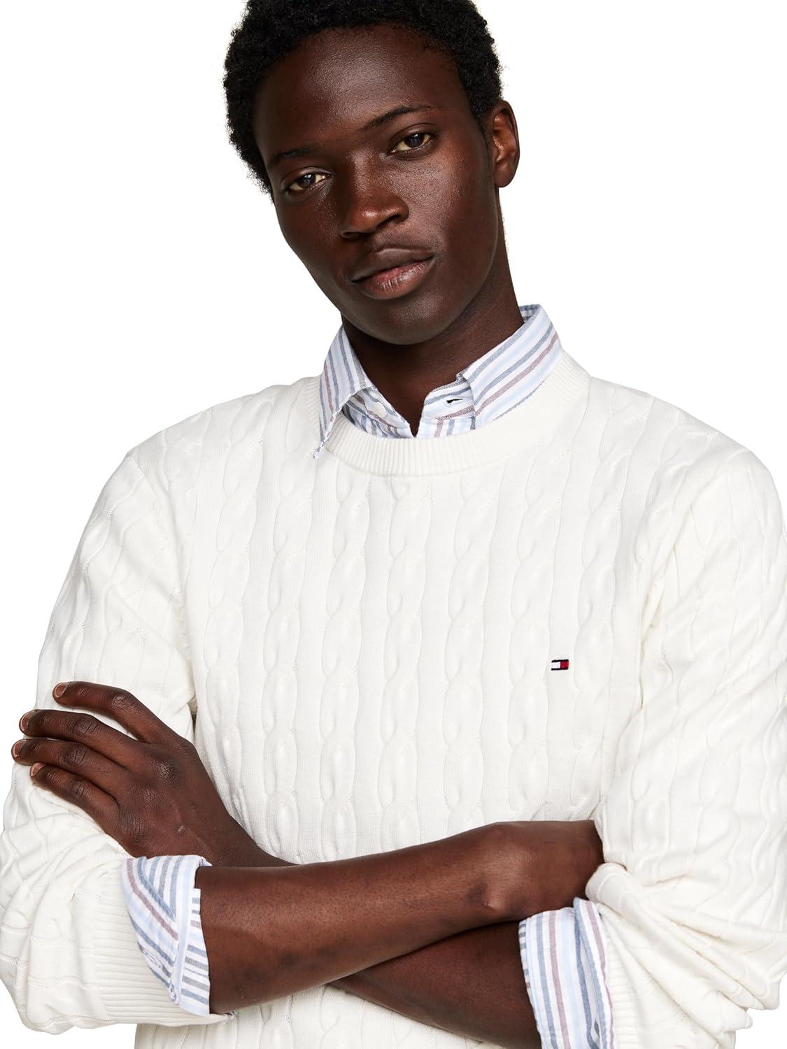 imageTommy Hilfiger Mens Cable Knit Crewneck Sweater Lightweight PulloverIvory