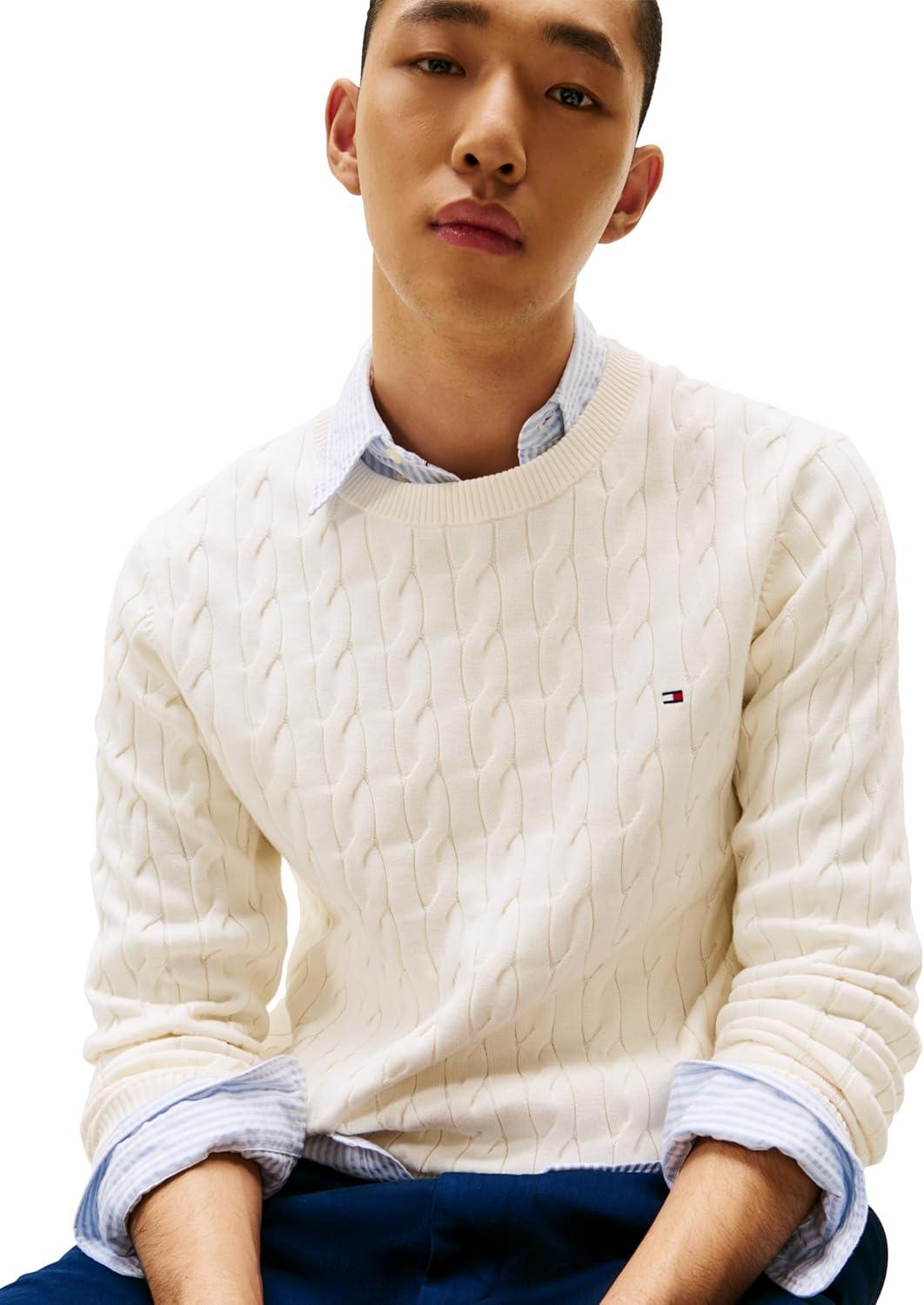 imageTommy Hilfiger Mens Cable Knit Crewneck Sweater Lightweight PulloverIvory Petal