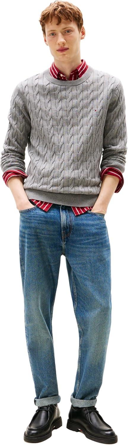 imageTommy Hilfiger Mens Cable Knit Crewneck Sweater Lightweight PulloverMedium Grey Heather