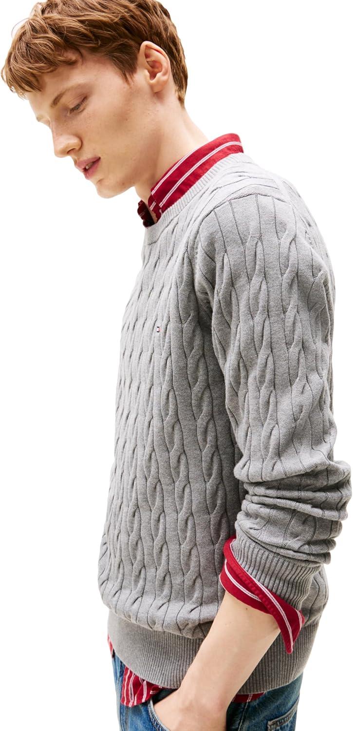 imageTommy Hilfiger Mens Cable Knit Crewneck Sweater Lightweight PulloverMedium Grey Heather