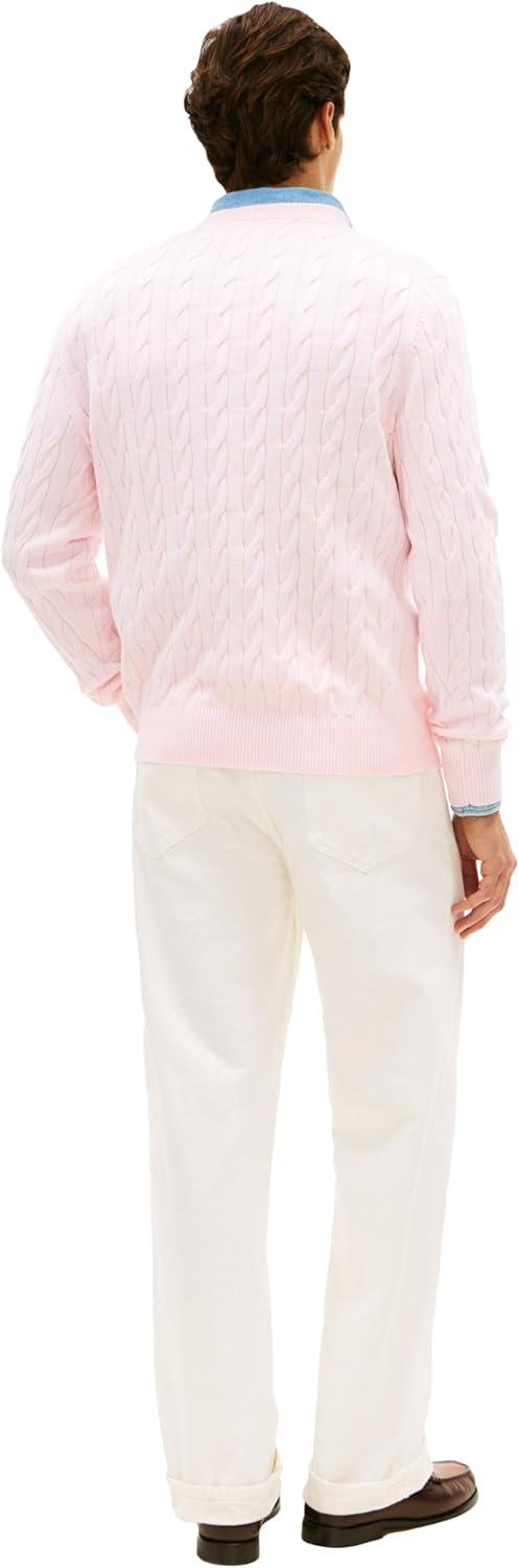 imageTommy Hilfiger Mens Cable Knit Crewneck Sweater Lightweight PulloverPink Lily