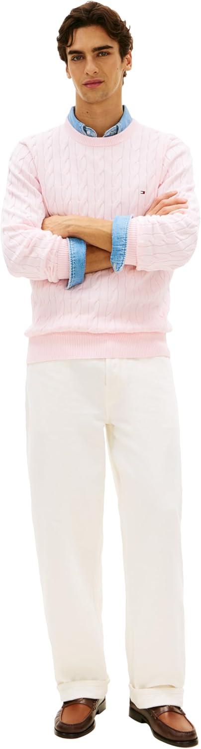 imageTommy Hilfiger Mens Cable Knit Crewneck Sweater Lightweight PulloverPink Lily