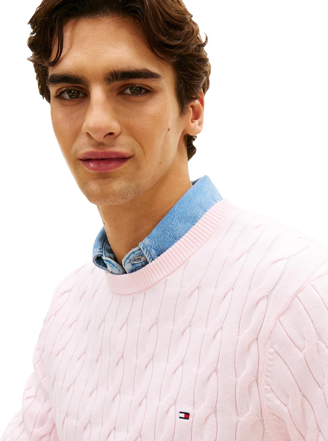 imageTommy Hilfiger Mens Cable Knit Crewneck Sweater Lightweight PulloverPink Lily