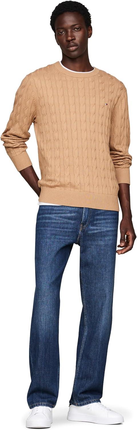 imageTommy Hilfiger Mens Cable Knit Crewneck Sweater Lightweight PulloverSafari Canvas
