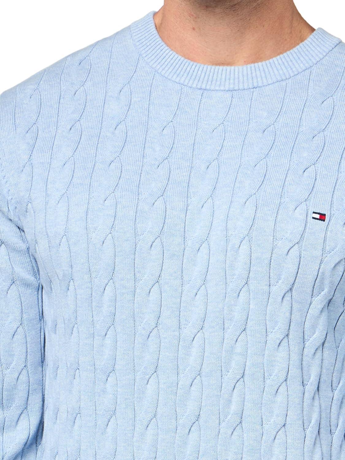 imageTommy Hilfiger Mens Cable Knit Crewneck Sweater Lightweight PulloverVessel Blue Heather