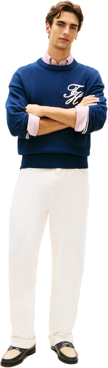 imageTommy Hilfiger Mens Cotton Crewneck Pullover Sweater with Embroidered Script LogoCarbon Navy