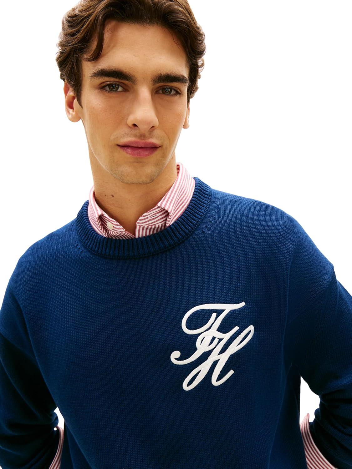 imageTommy Hilfiger Mens Cotton Crewneck Pullover Sweater with Embroidered Script LogoCarbon Navy