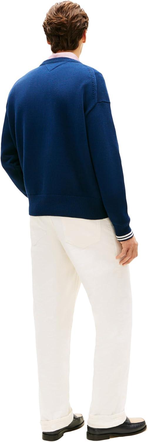 imageTommy Hilfiger Mens Cotton Crewneck Pullover Sweater with Embroidered Script LogoCarbon Navy