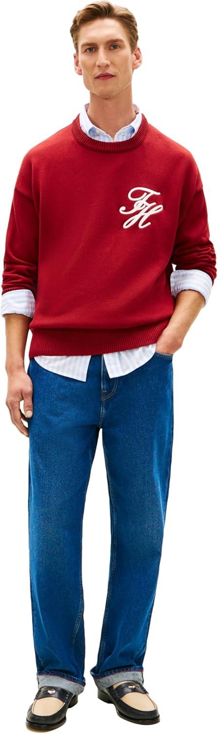 imageTommy Hilfiger Mens Cotton Crewneck Pullover Sweater with Embroidered Script LogoRegatta Red