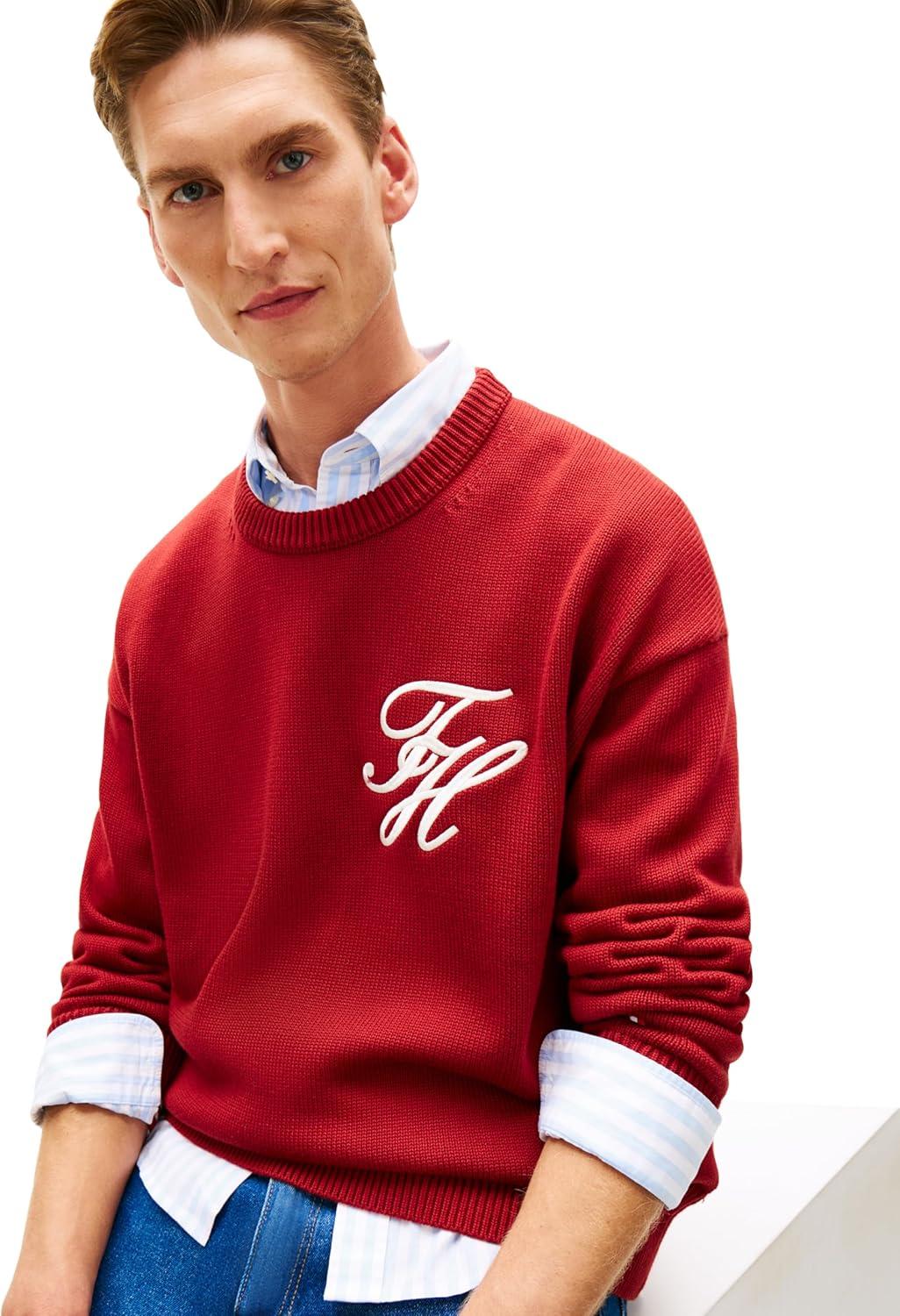 imageTommy Hilfiger Mens Cotton Crewneck Pullover Sweater with Embroidered Script LogoRegatta Red