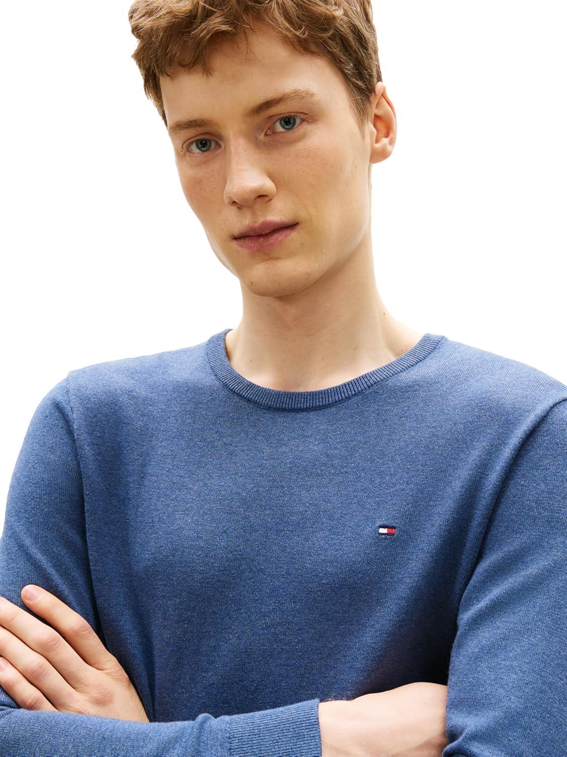 imageTommy Hilfiger Mens Cotton Solid Crewneck Sweater Lightweight Pullover Also Available in Big amp TallAegean Sea Heather