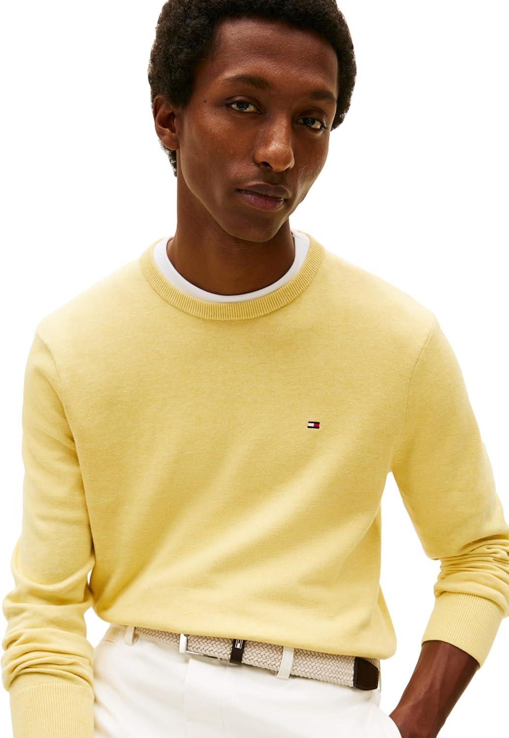 imageTommy Hilfiger Mens Cotton Solid Crewneck Sweater Lightweight Pullover Also Available in Big amp TallCitronella Heather