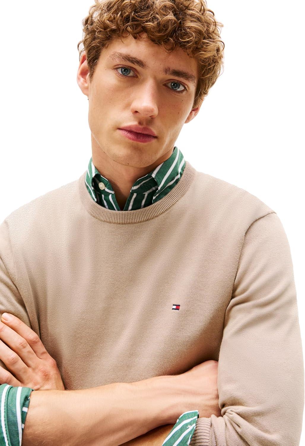imageTommy Hilfiger Mens Cotton Solid Crewneck Sweater Lightweight Pullover Also Available in Big amp TallCoastal Taupe