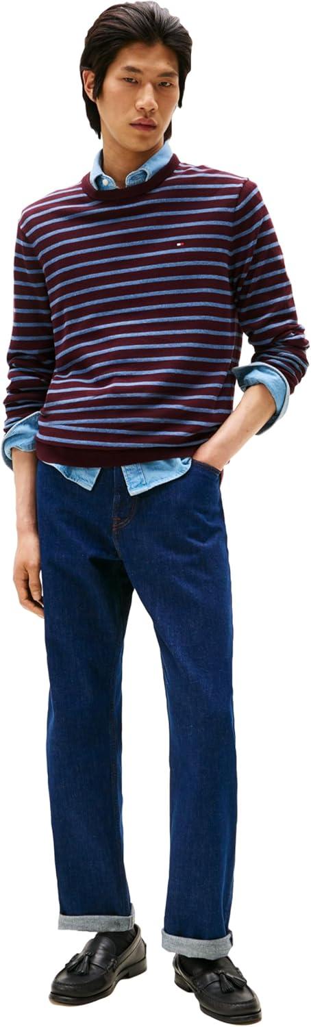 imageTommy Hilfiger Mens Cotton Solid Crewneck Sweater Lightweight Pullover Also Available in Big amp TallDeep BurgundyPetrol Blue Heather