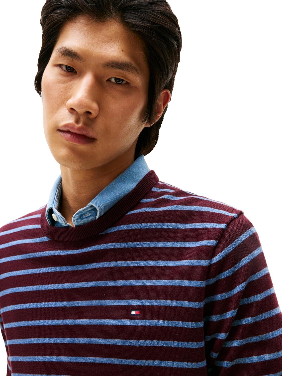 imageTommy Hilfiger Mens Cotton Solid Crewneck Sweater Lightweight Pullover Also Available in Big amp TallDeep BurgundyPetrol Blue Heather