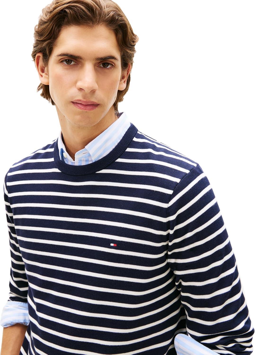 imageTommy Hilfiger Mens Cotton Solid Crewneck Sweater Lightweight Pullover Also Available in Big amp TallDesert SkyIvory Petal