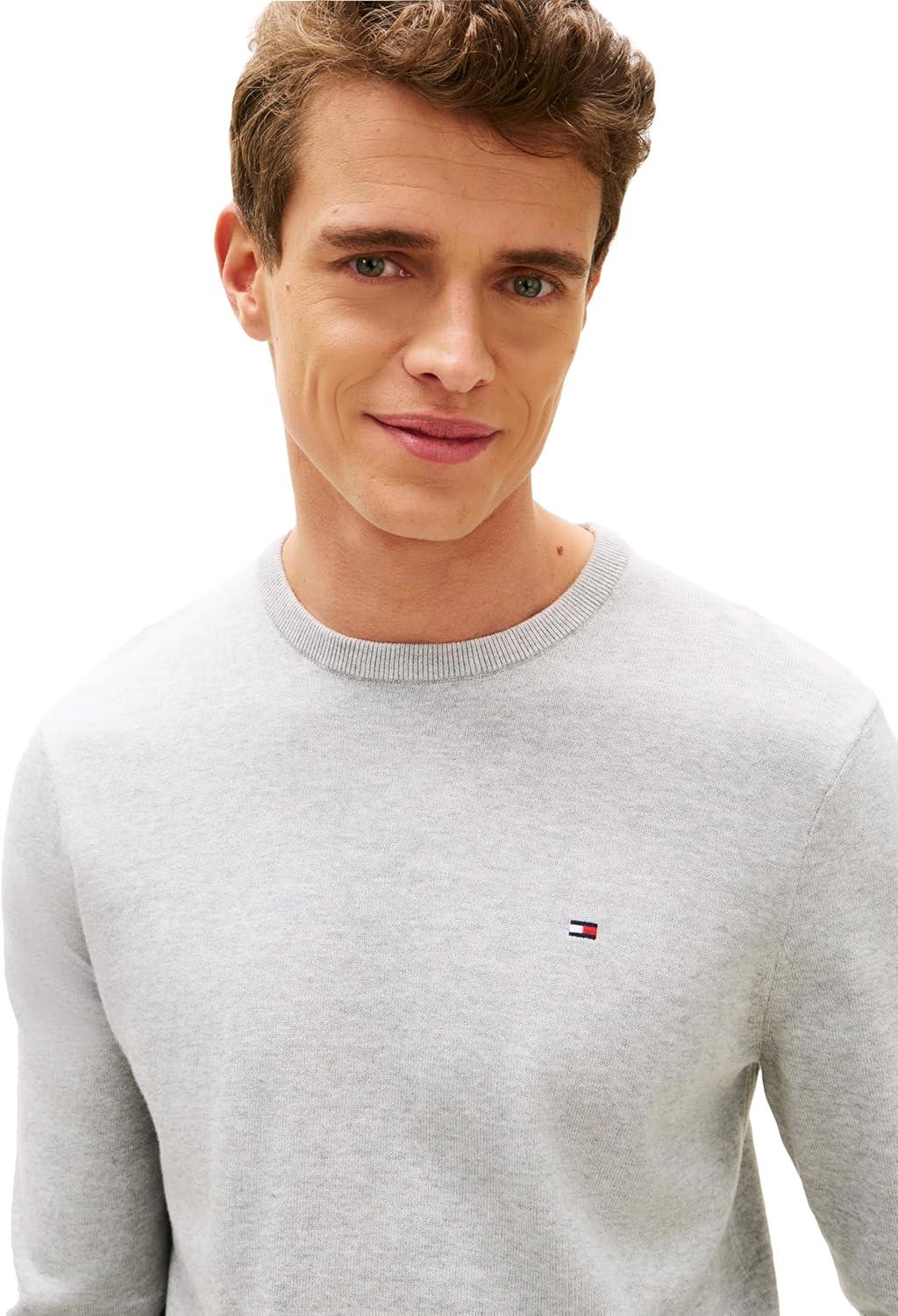 imageTommy Hilfiger Mens Cotton Solid Crewneck Sweater Lightweight Pullover Also Available in Big amp TallLight Grey Heather