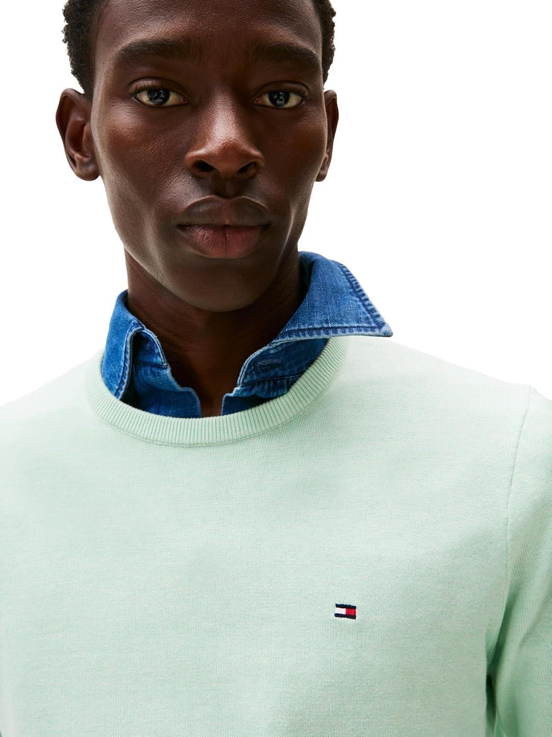 imageTommy Hilfiger Mens Cotton Solid Crewneck Sweater Lightweight Pullover Also Available in Big amp TallMinty Essence Heather