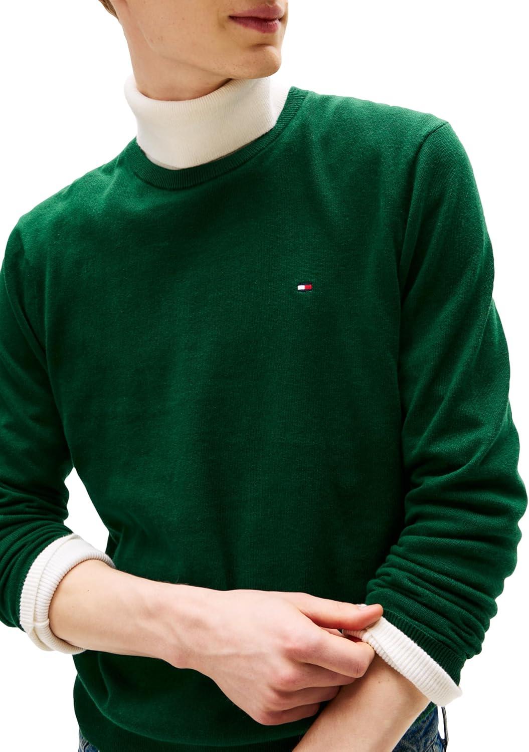 imageTommy Hilfiger Mens Cotton Solid Crewneck Sweater Lightweight Pullover Also Available in Big amp TallOrnamental Green Heather