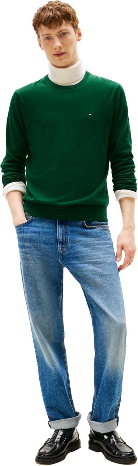 imageTommy Hilfiger Mens Cotton Solid Crewneck Sweater Lightweight Pullover Also Available in Big amp TallOrnamental Green Heather