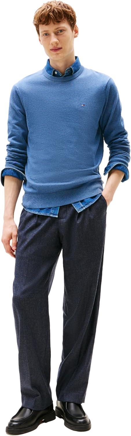 imageTommy Hilfiger Mens Cotton Solid Crewneck Sweater Lightweight Pullover Also Available in Big amp TallPetrol Blue Heather
