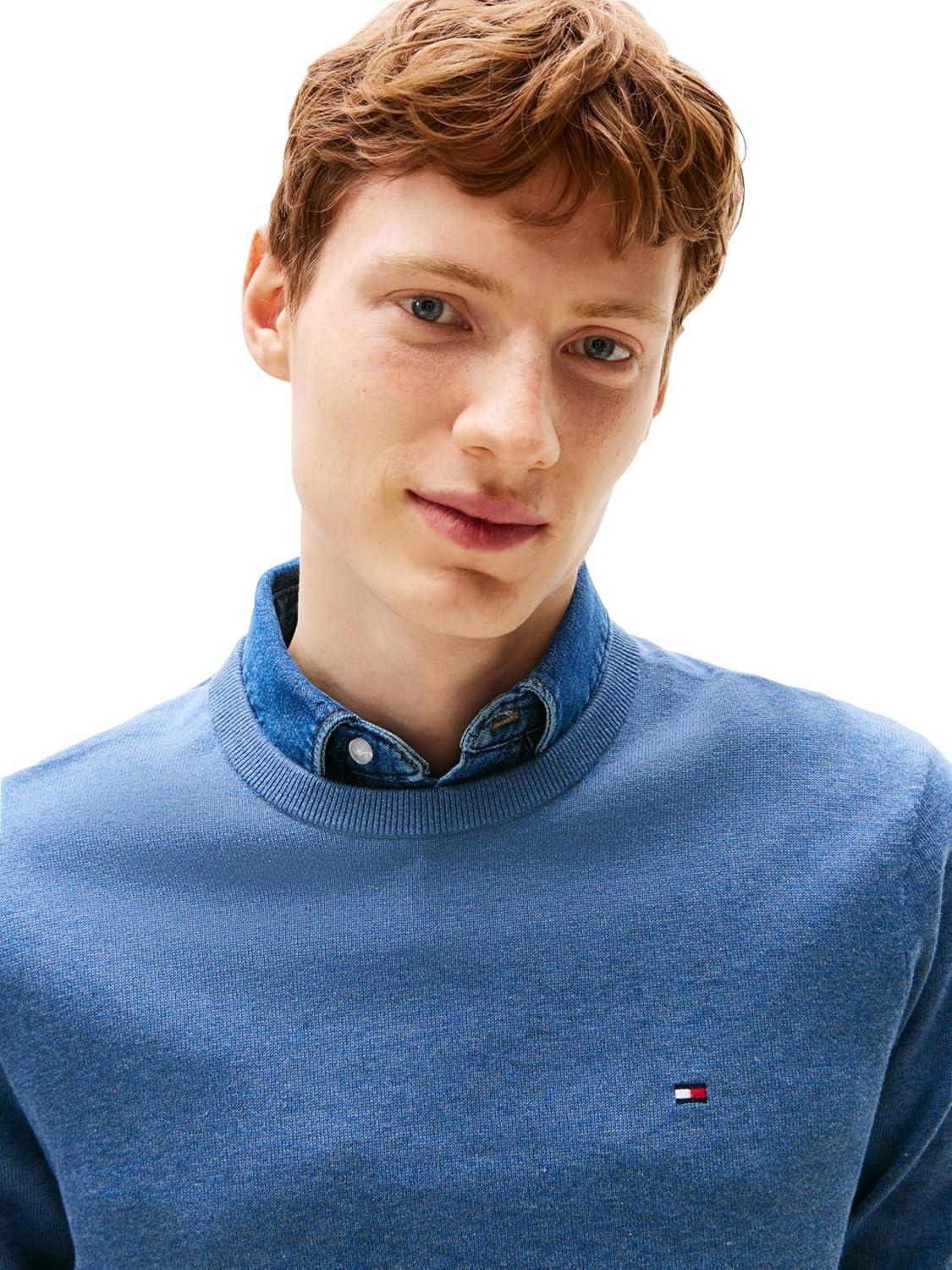 imageTommy Hilfiger Mens Cotton Solid Crewneck Sweater Lightweight Pullover Also Available in Big amp TallPetrol Blue Heather