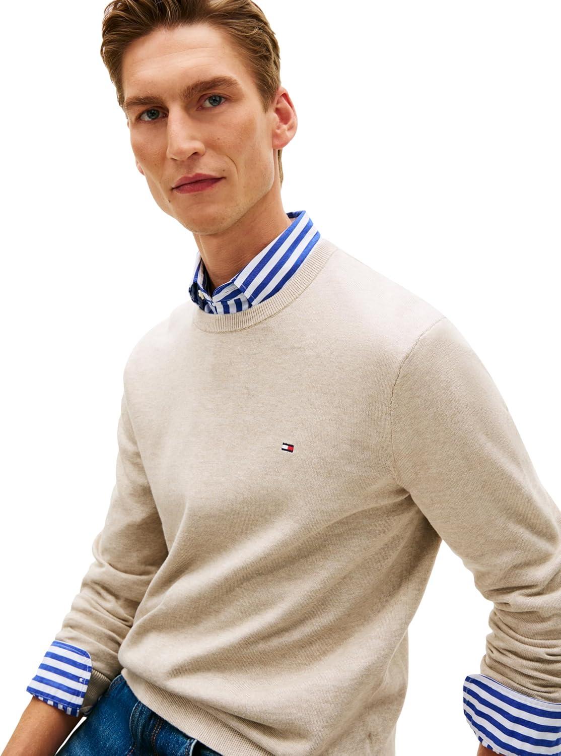 imageTommy Hilfiger Mens Cotton Solid Crewneck Sweater Lightweight Pullover Also Available in Big amp TallSandalwood Heather