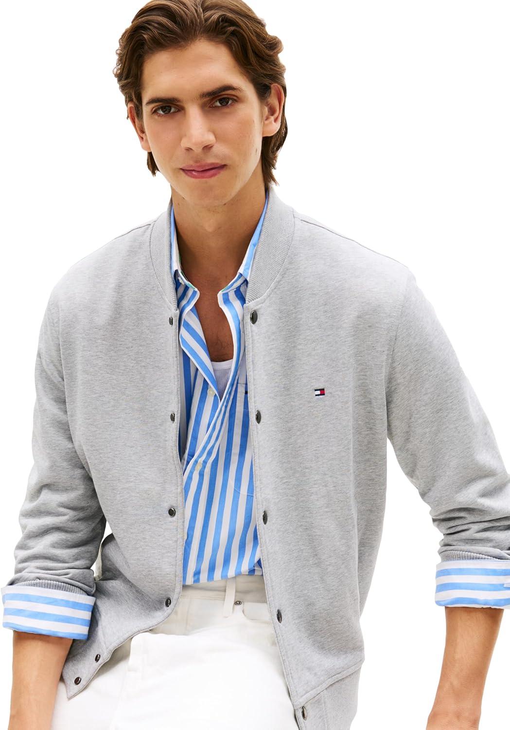 imageTommy Hilfiger Mens Lightweight Cotton Bomber Jacket With Embroidered Flag LogoLight Grey Heather