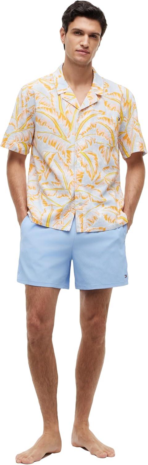 imageTommy Hilfiger Mens Lightweight Short Sleeve Cotton Beach Print Shirt with Pocket Mens Casual Button Down Summer ShirtsVintage Banana Leaf Keepsake Blue