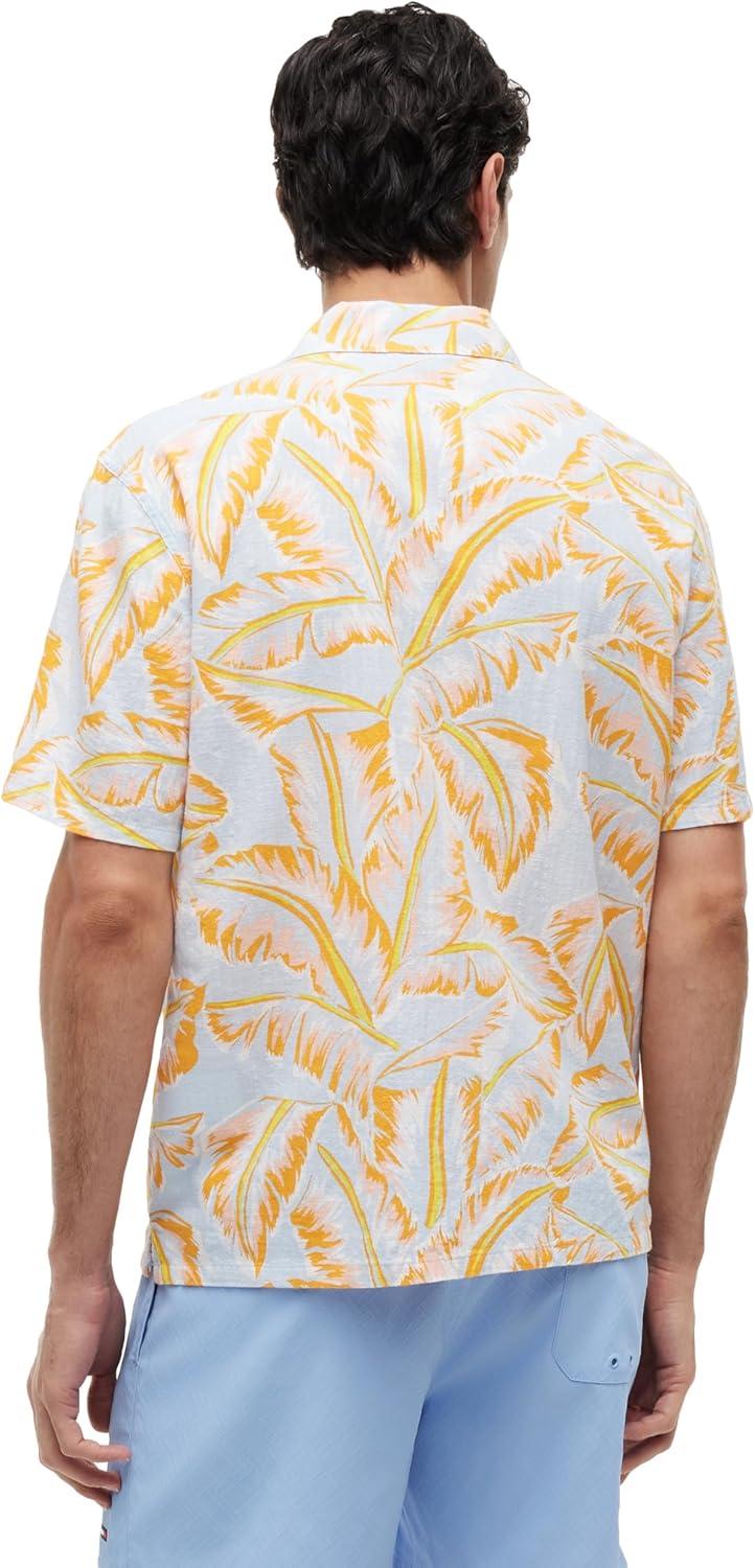 imageTommy Hilfiger Mens Lightweight Short Sleeve Cotton Beach Print Shirt with Pocket Mens Casual Button Down Summer ShirtsVintage Banana Leaf Keepsake Blue