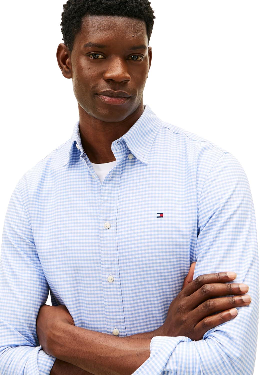 imageTommy Hilfiger Mens Long Sleeve Oxford Shirts in Regular Fit Mens Button Down Shirts Also Available in Big and TallCloudy Blue Check