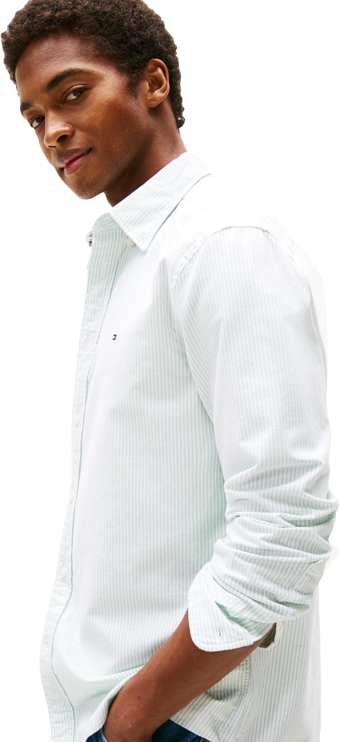 imageTommy Hilfiger Mens Long Sleeve Oxford Shirts in Regular Fit Mens Button Down Shirts Also Available in Big and TallFort Green White