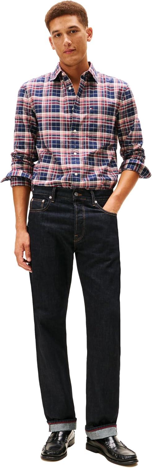 imageTommy Hilfiger Mens Long Sleeve Oxford Shirts in Regular Fit Mens Button Down Shirts Also Available in Big and TallPitch Blue Check