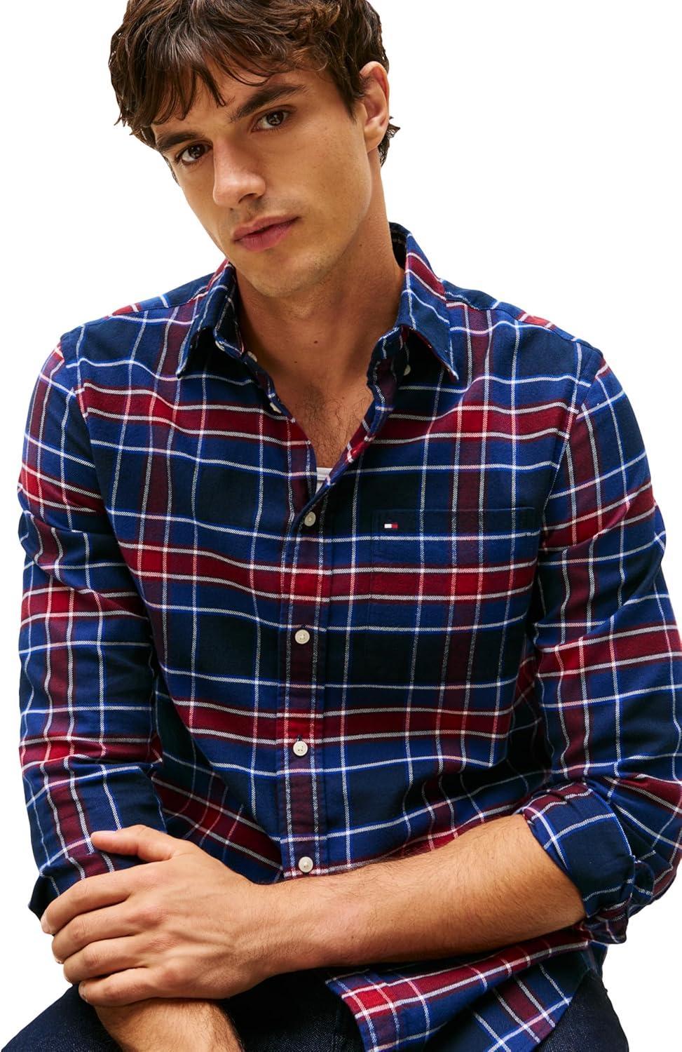 imageTommy Hilfiger Mens Long Sleeve Oxford Shirts in Regular Fit Mens Button Down Shirts Also Available in Big and TallPreppy Navy Check