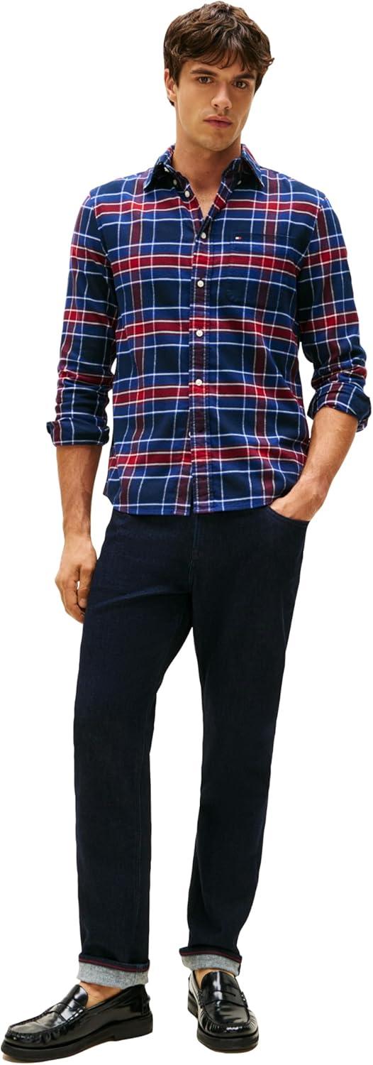 imageTommy Hilfiger Mens Long Sleeve Oxford Shirts in Regular Fit Mens Button Down Shirts Also Available in Big and TallPreppy Navy Check