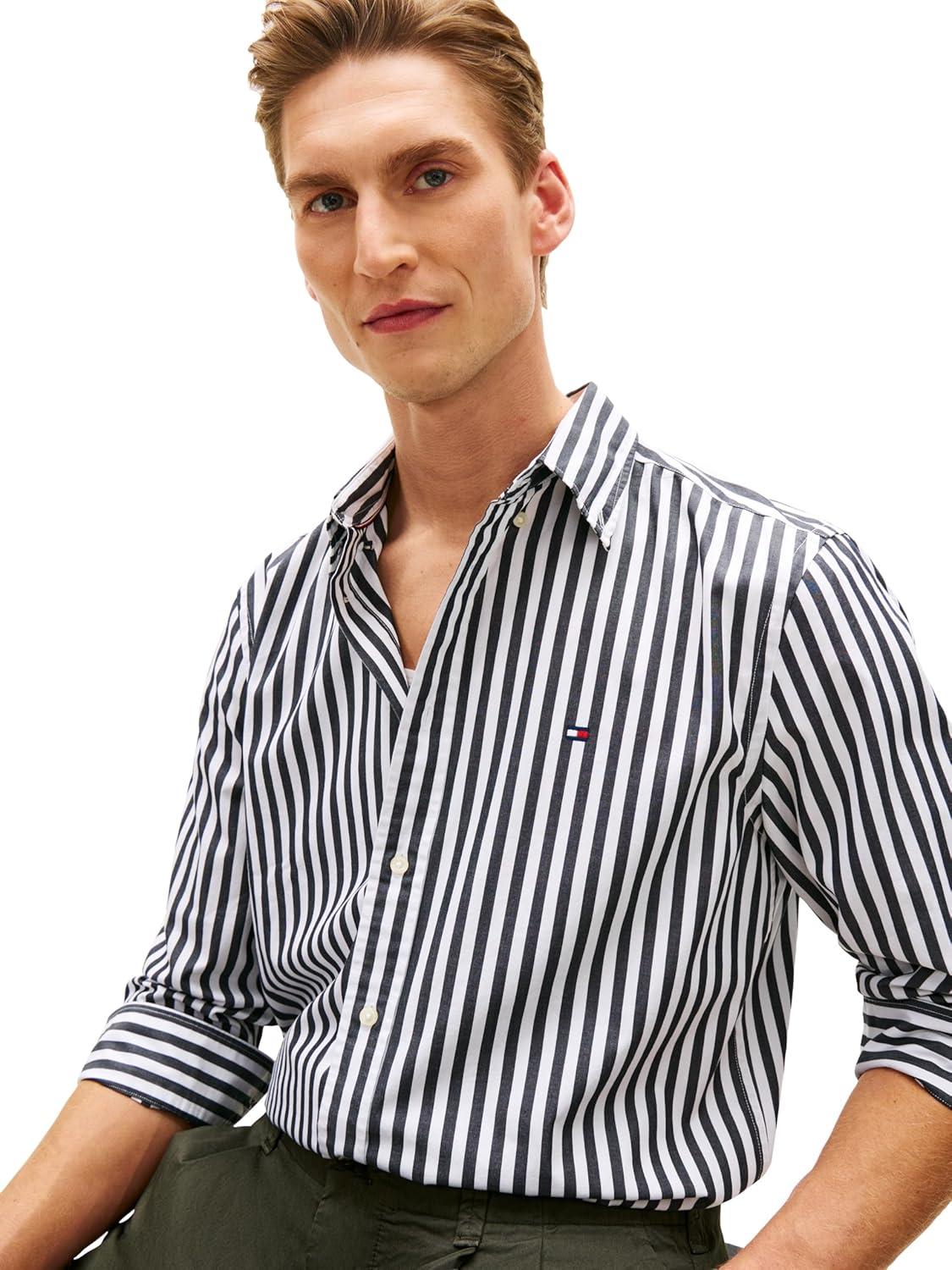 imageTommy Hilfiger Mens Long Sleeve Poplin Shirts in Regular Fit Mens Button Down Shirts Also Available in Big and TallBlack Stripe
