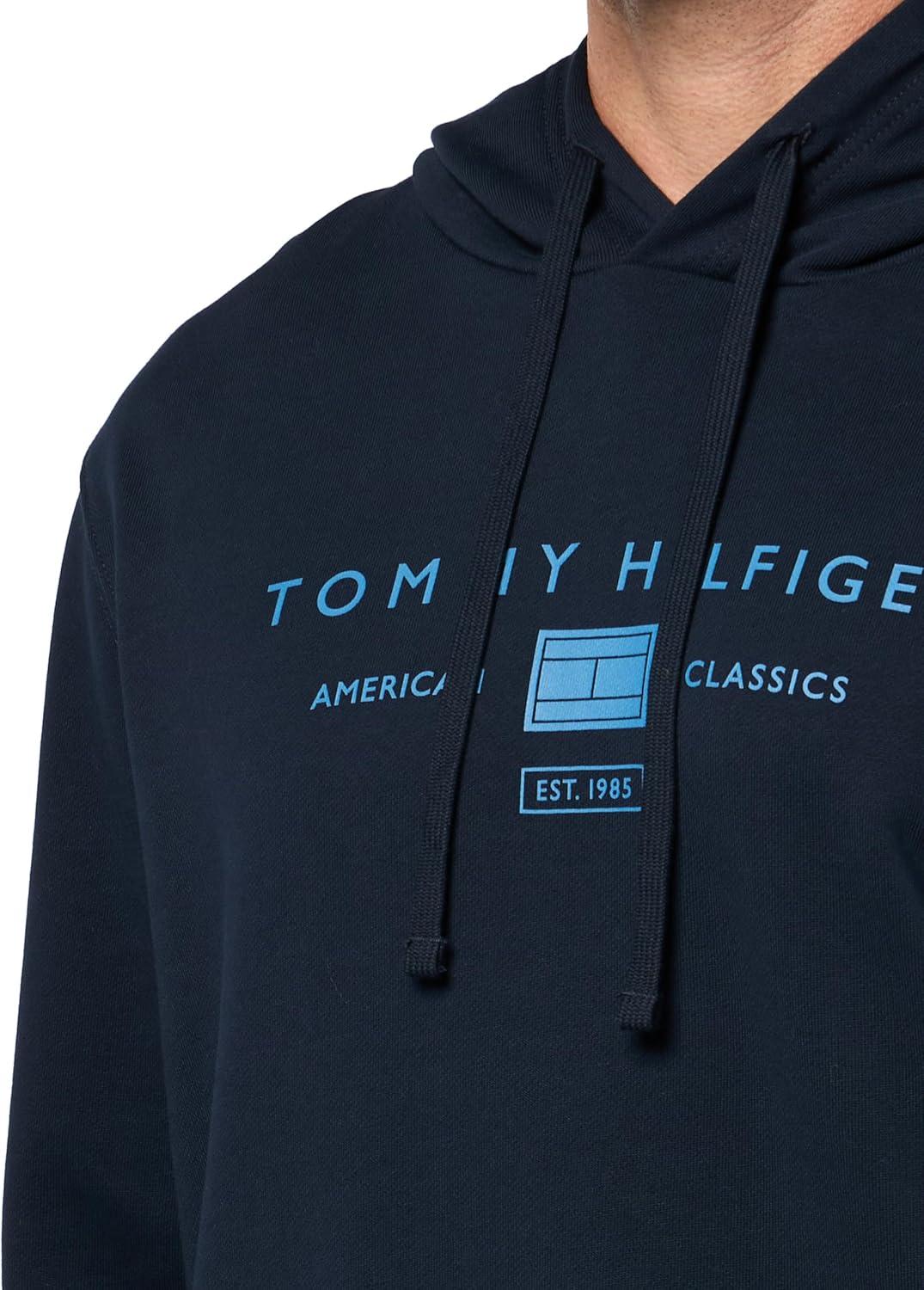 imageTommy Hilfiger Mens Medium Weight Cotton Hoodie Sweatshirt With Printed Stacked Chest GraphicDesert Sky
