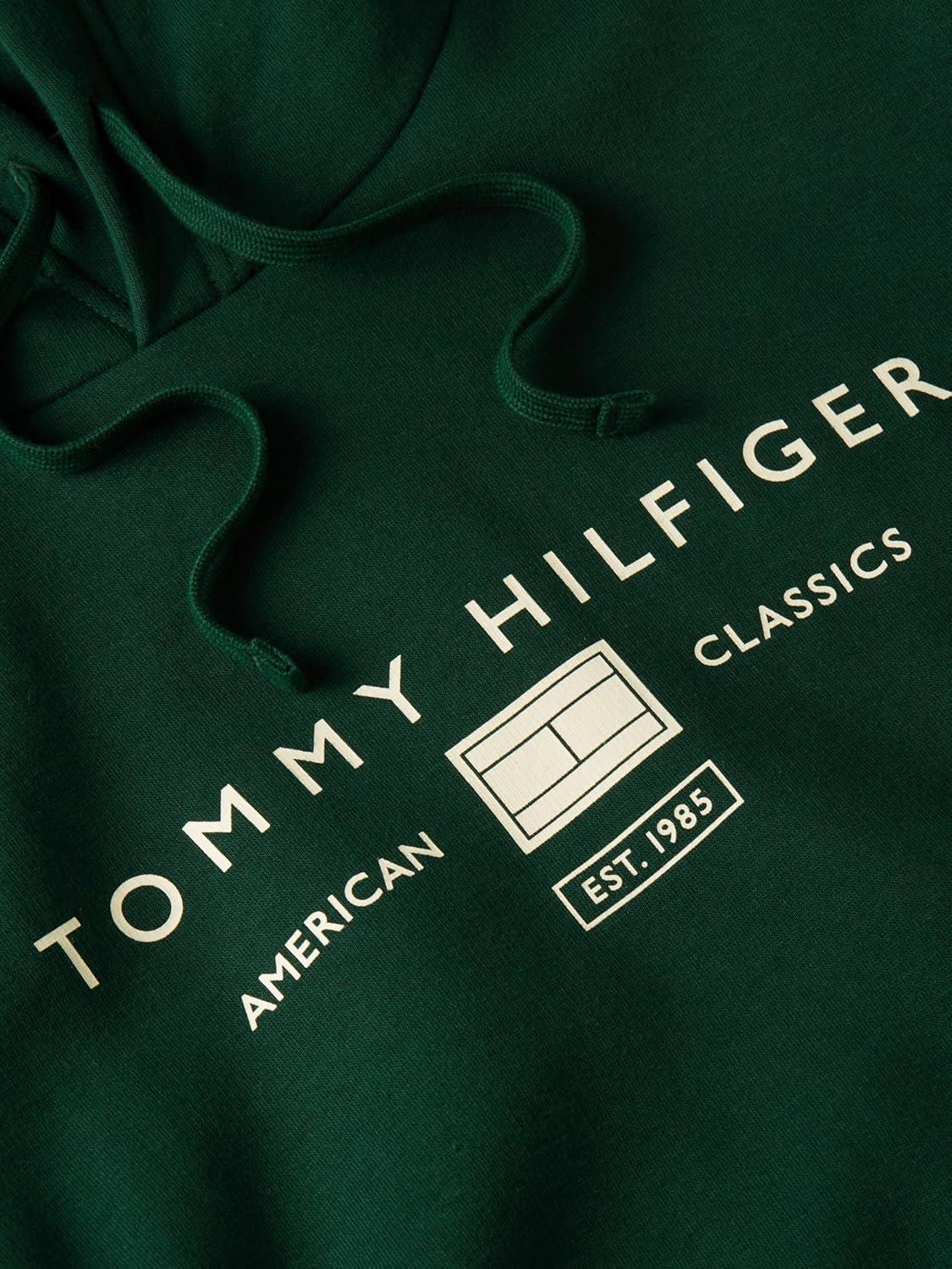 imageTommy Hilfiger Mens Medium Weight Cotton Hoodie Sweatshirt With Printed Stacked Chest GraphicNocturnal Green