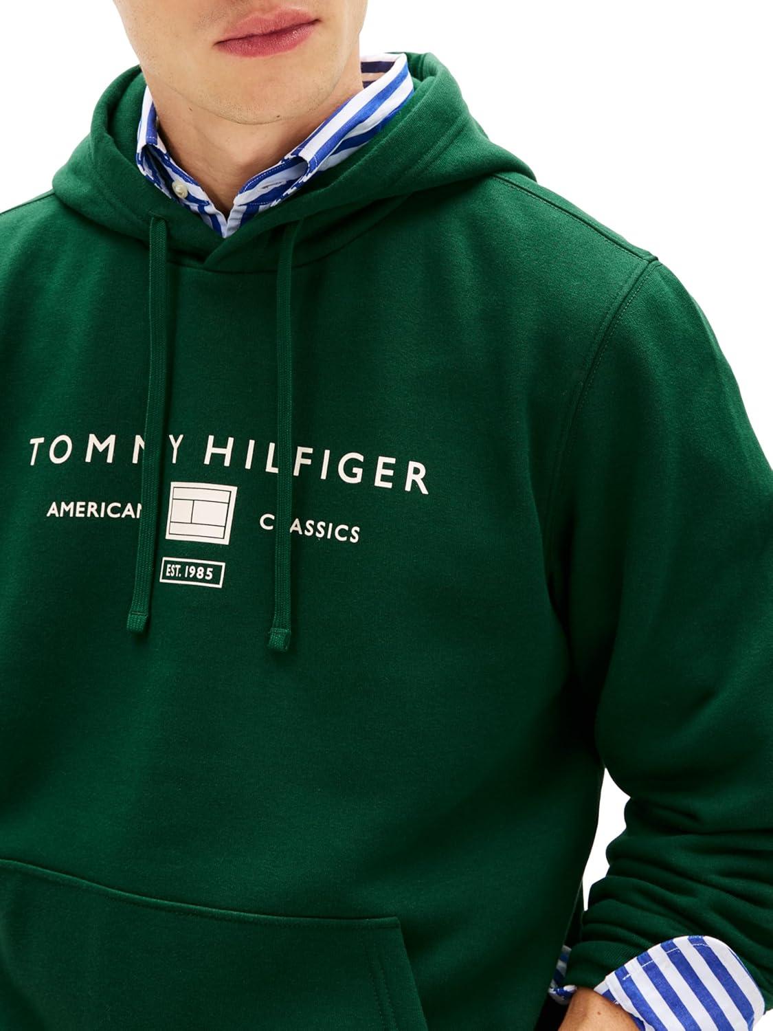 imageTommy Hilfiger Mens Medium Weight Cotton Hoodie Sweatshirt With Printed Stacked Chest GraphicNocturnal Green