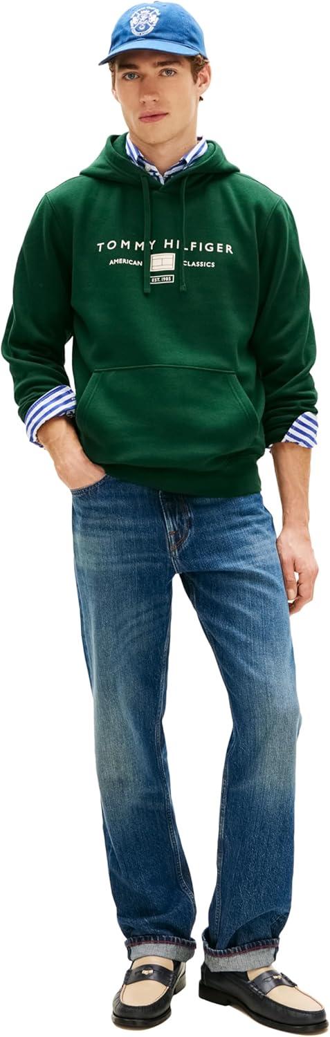imageTommy Hilfiger Mens Medium Weight Cotton Hoodie Sweatshirt With Printed Stacked Chest GraphicNocturnal Green
