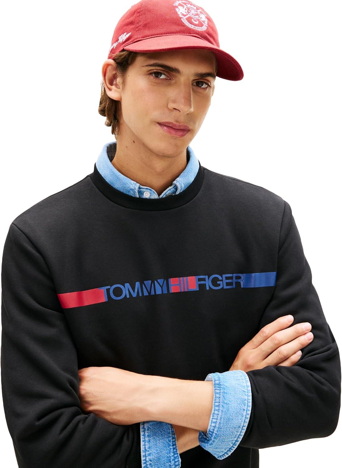 imageTommy Hilfiger Mens Medium Weight Crewneck Pullover Sweatshirt With Printed Stripe Logo GraphicBlack