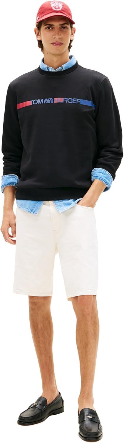 imageTommy Hilfiger Mens Medium Weight Crewneck Pullover Sweatshirt With Printed Stripe Logo GraphicBlack