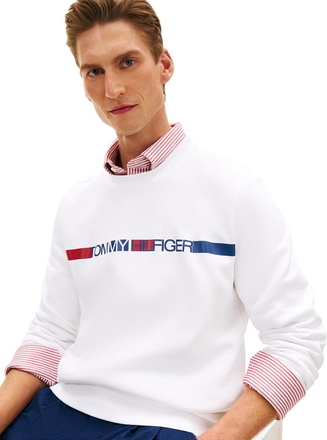 imageTommy Hilfiger Mens Medium Weight Crewneck Pullover Sweatshirt With Printed Stripe Logo GraphicWhite