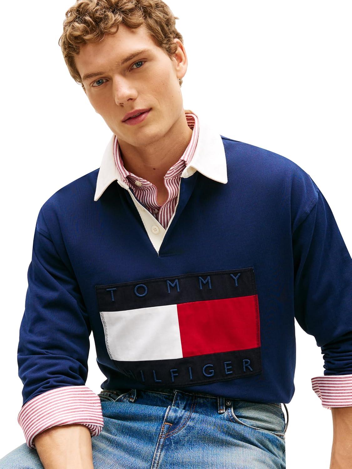 imageTommy Hilfiger Mens Medium Weight Pullover Rugby Sweatshirt With Embroidered Flag LogoCarbon Navy