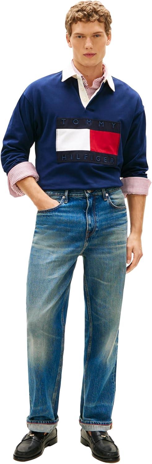 imageTommy Hilfiger Mens Medium Weight Pullover Rugby Sweatshirt With Embroidered Flag LogoCarbon Navy