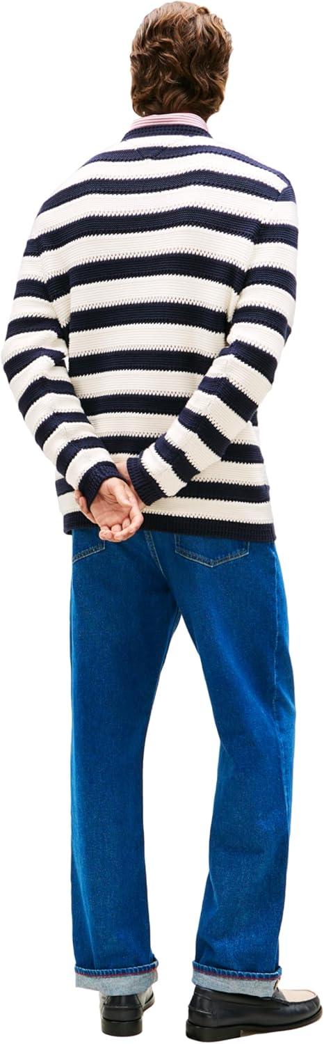 imageTommy Hilfiger Mens Striped Cotton Crochet Long Sleeve Sweater PulloverDesert SkyIvory Petal