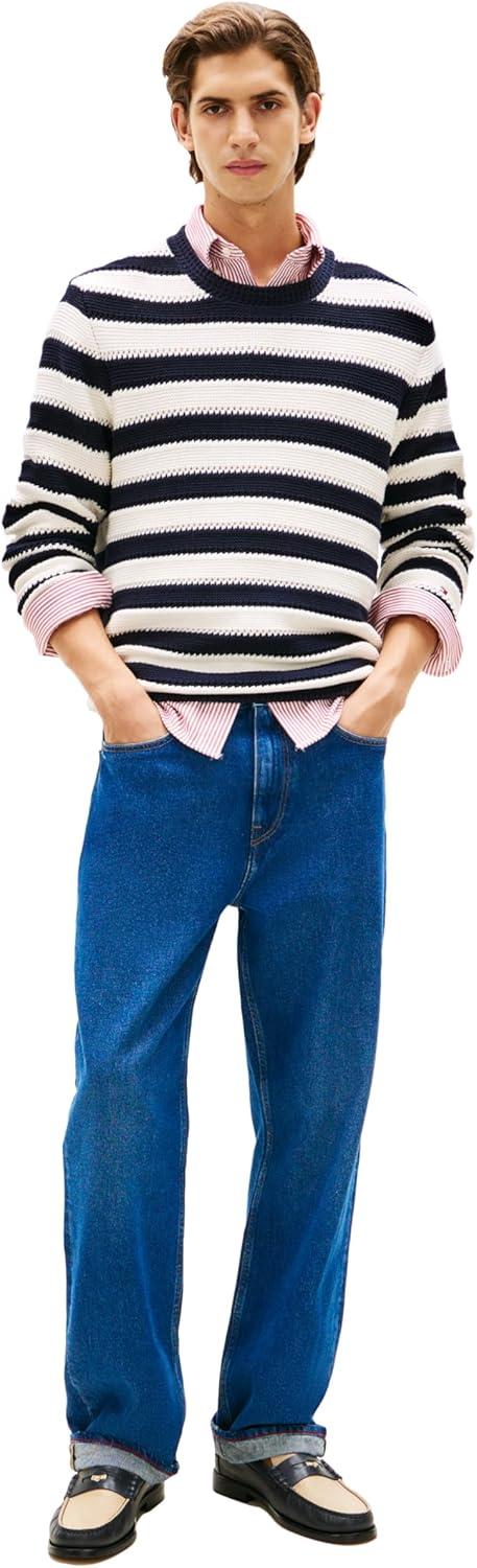 imageTommy Hilfiger Mens Striped Cotton Crochet Long Sleeve Sweater PulloverDesert SkyIvory Petal