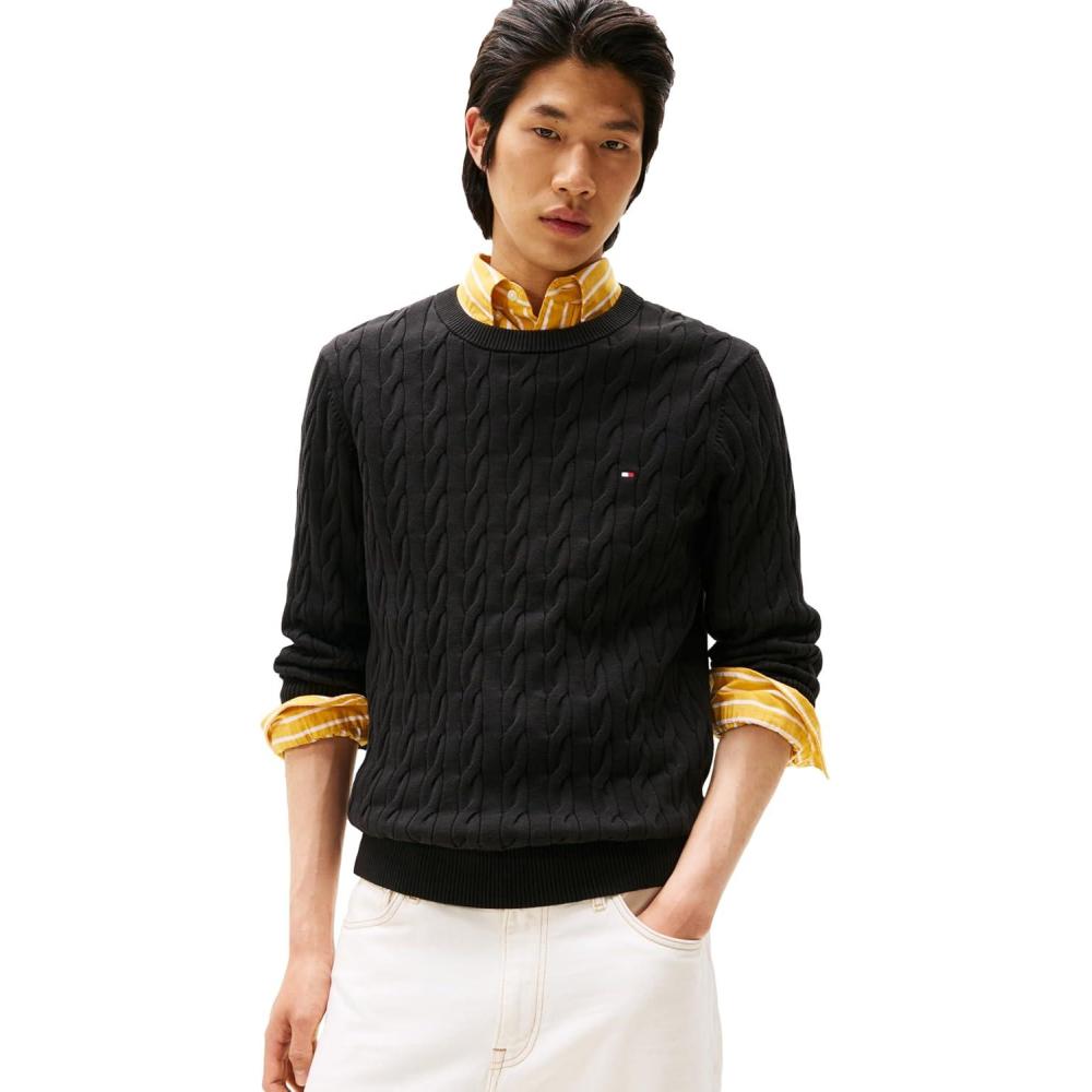 imageTommy Hilfiger Mens Cable Knit Crewneck Sweater Lightweight PulloverBlack